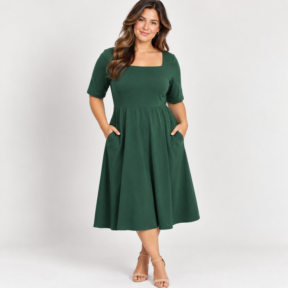 Betabrand Elixir Dress XL Emerald Green Fit Flare Midi Pockets NWT Square Neck